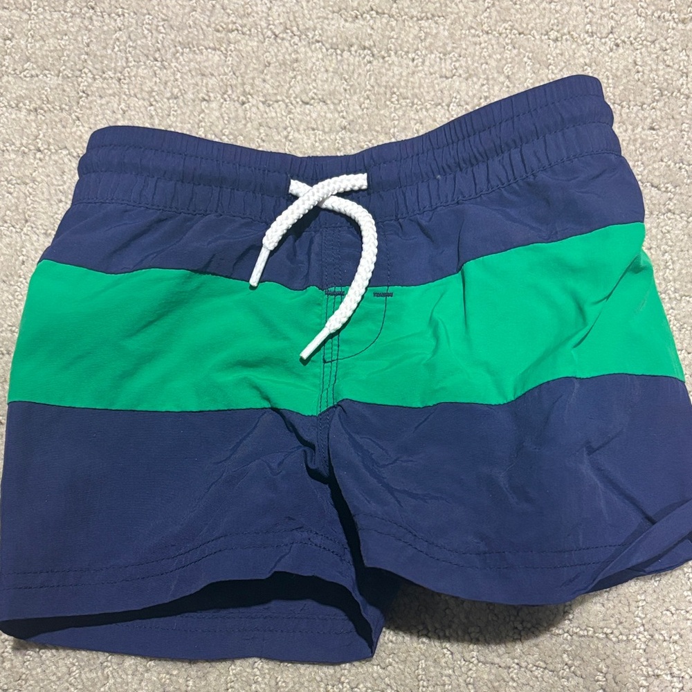 Navy and green strip swim shorts